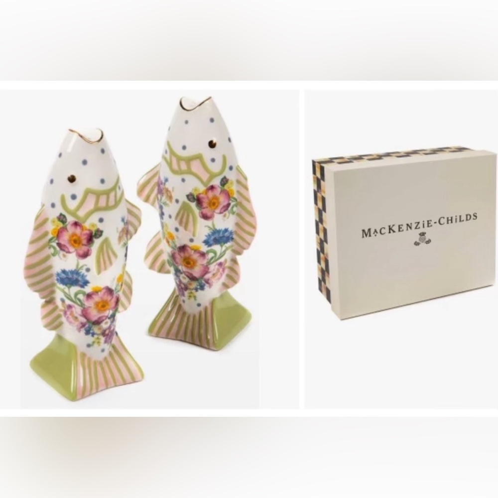 Discontinued Mackenzie-Childs Ceramic Freckle Fish salt & pepper shakers